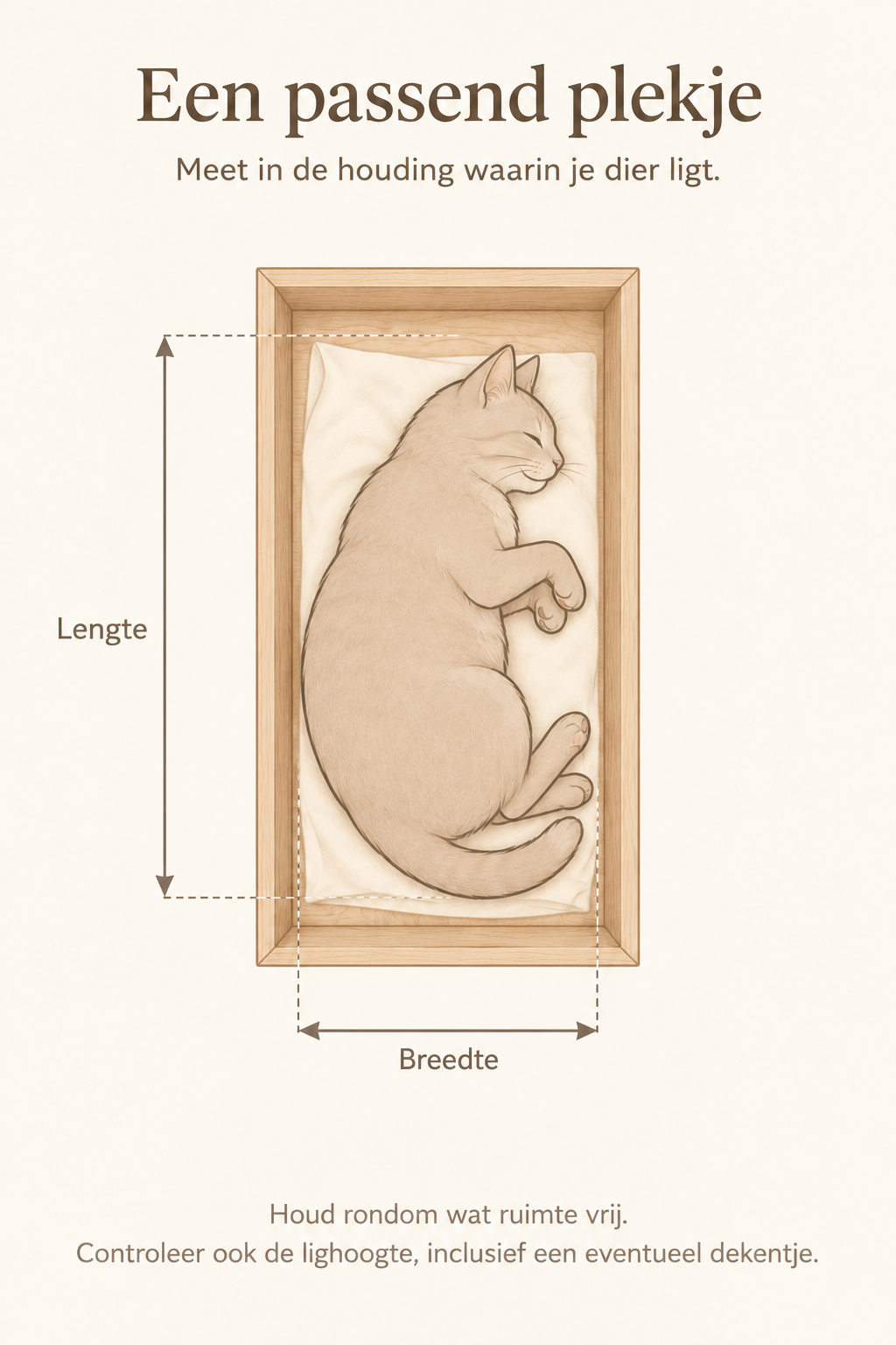 Bovenaanzicht van een rustig liggende kat op een dekentje in een houten kist, met meetpijlen voor de totale lengte en breedte van de lighouding.