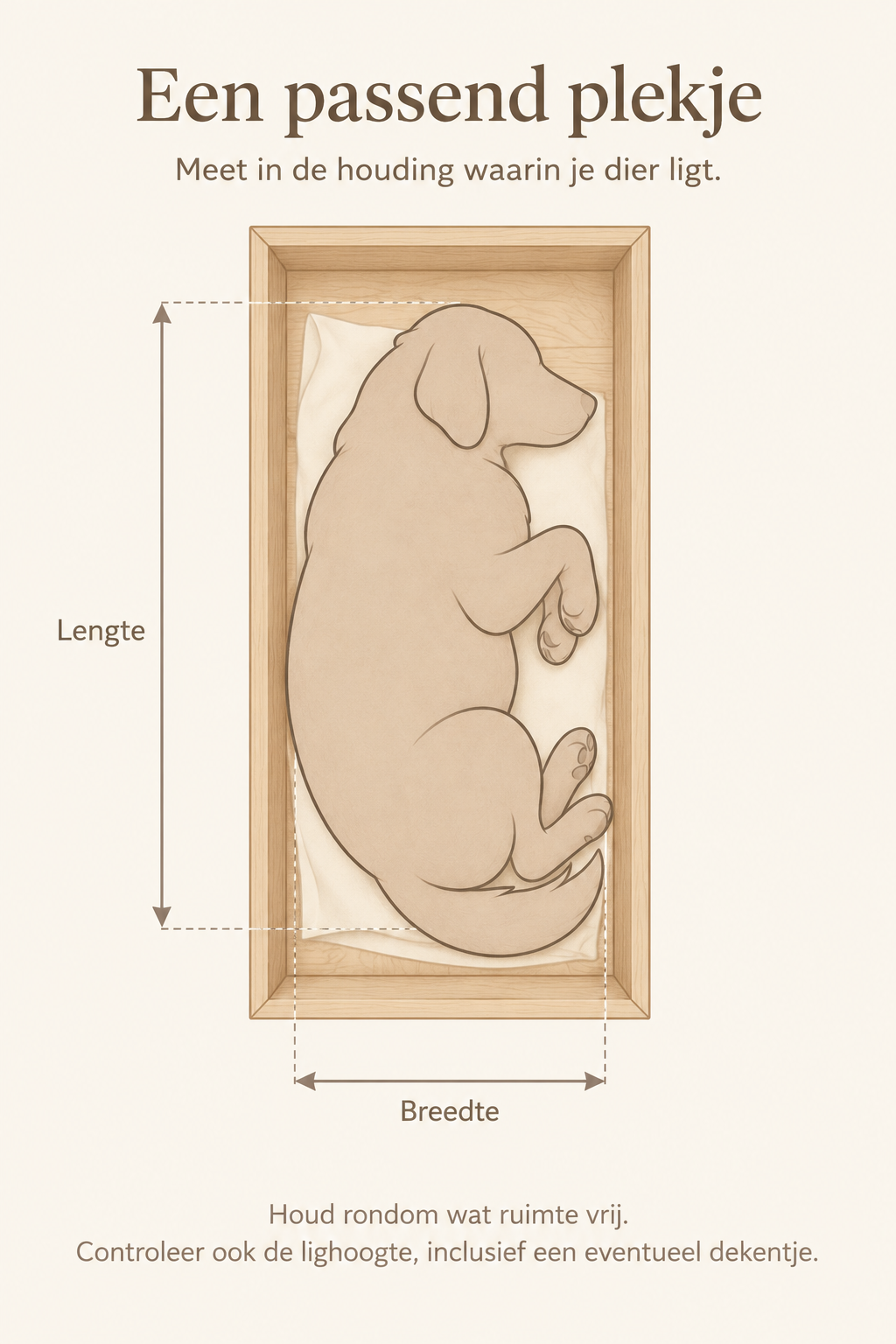 Bovenaanzicht van een rustig liggend hondje op een dekentje in een houten kist, met meetpijlen voor de totale lengte en breedte van de lighouding.